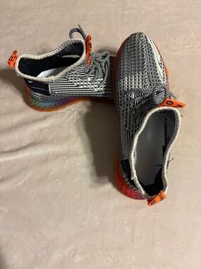 Knit Athletic Sneakers in Black, White & Orange with Rainbow Midsole